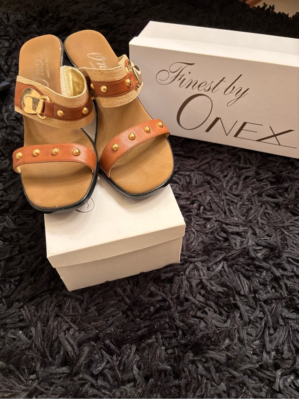 Onex Brown and Tan Slide Mules with Gold Studs